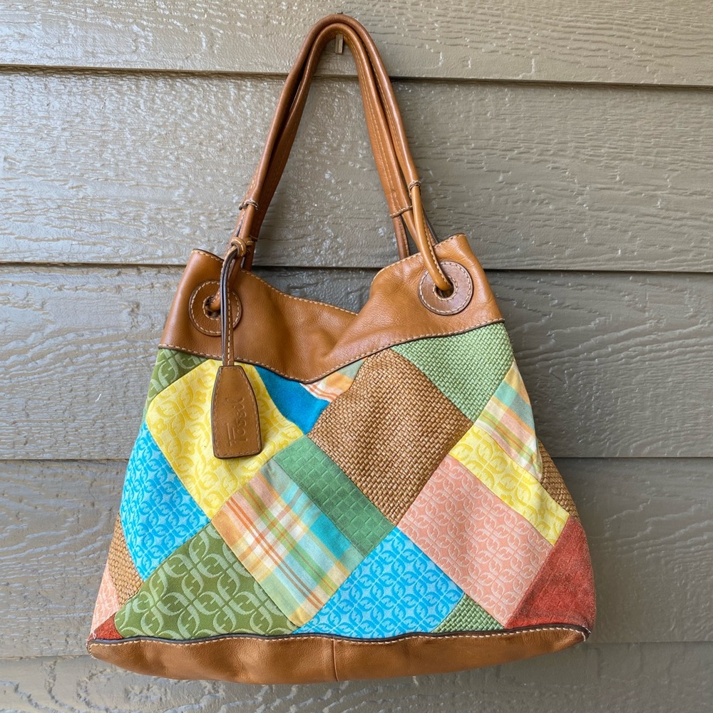 FOSSIL Large Leather Tote Vtg Patchwork Suede Canvas Boho Hobo Hippie